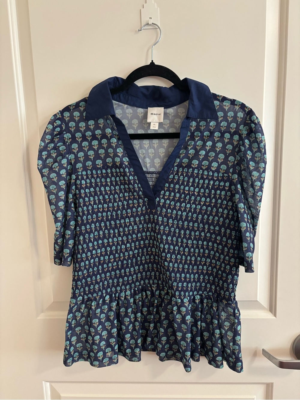 Maeve Anthropologie Navy Blue Floral Block Print Peplum Mesh Blouse